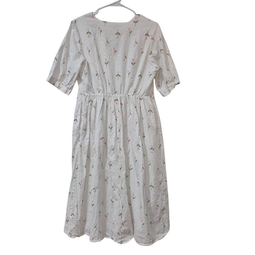 Sweet Salt Modest White & Pink Floral Midi Dress with Puff Sleeves - Size Medium - Picture 4 of 12